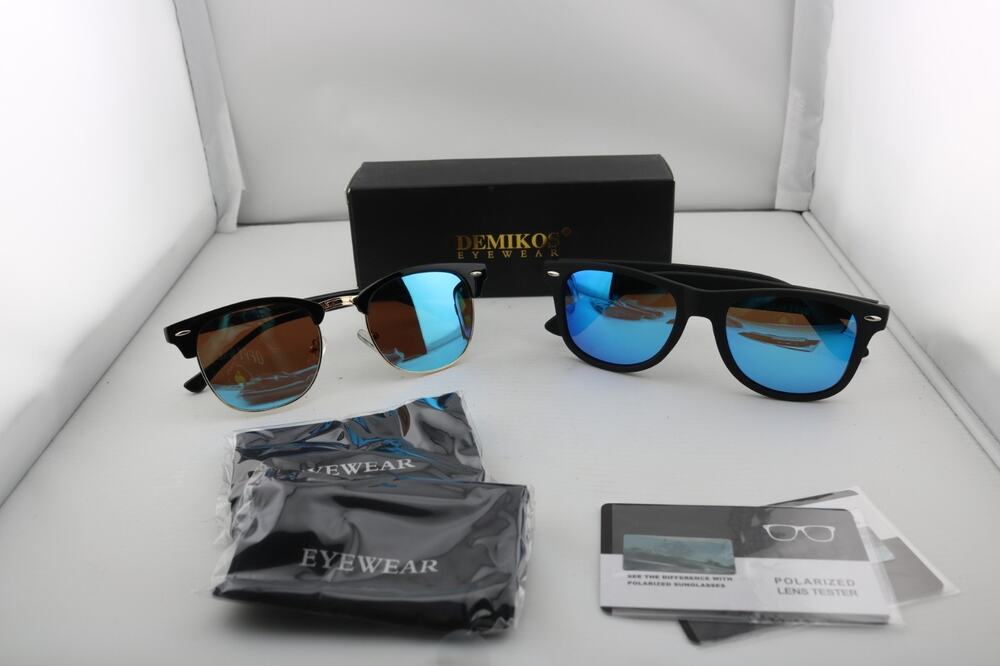 Demikos Polarized Sunglasses 2-Pack Set Blue Mirrored Lenses Retro Classic Black
